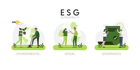 Save the Earth. ESG concept. Cartoon Charactors with Sustainable ecology and environment conservation concept design. Vector illustration.