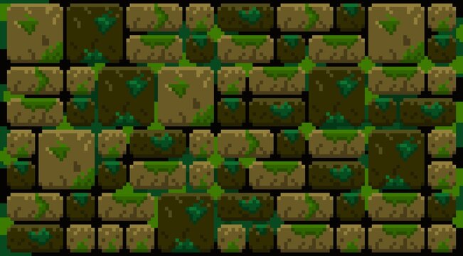 Pixel art dungeon tile set design with green moss and shadowing. 2D brick green wall, earth tone texture. Ground texture tile seamless pattern. Assets for game, background, wallpaper.