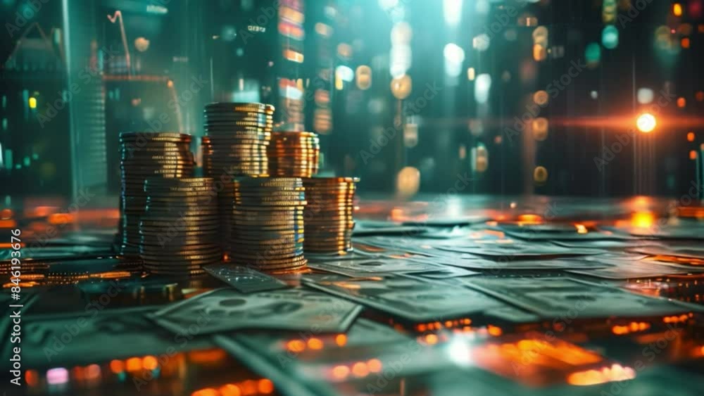 Poster a stack of gold coins sits on a pile of us dollar bills in front of a blurred background showing sto