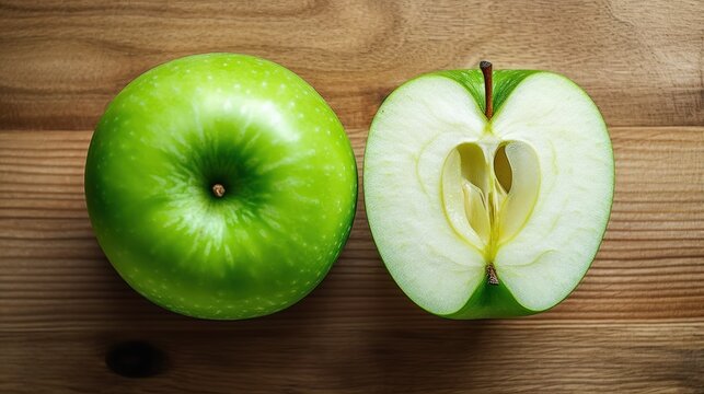 Green granny smith apples and half slice on wood table background. 