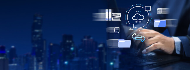  (FTP)  file transfer protocol and backup data, document management system, transfer file data between folders, exchange information and data with Internet cloud technology concept