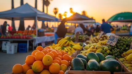 A serene sunset setting the backdrop for a serene beach farmers market highlighting the vibrant colors of fresh produce and the relaxed vibes of the community.