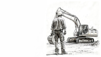 Fototapeta premium Pencil sketch art of builder engineer working with excavator at project