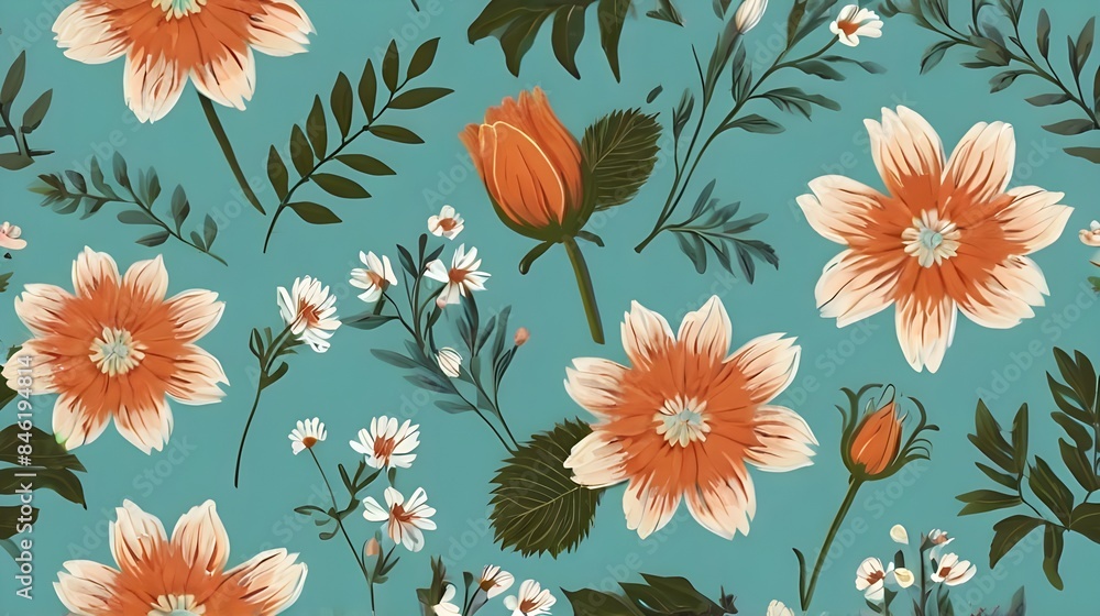 Poster floral seamless pattern with simple flower in light turquoise background generative ai