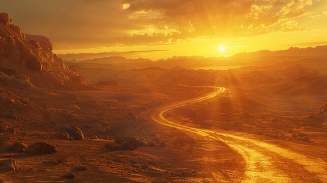 As the sun sets over the desert landscape the winding road glows in its warm light leading to a distant oasis. . AI generation.