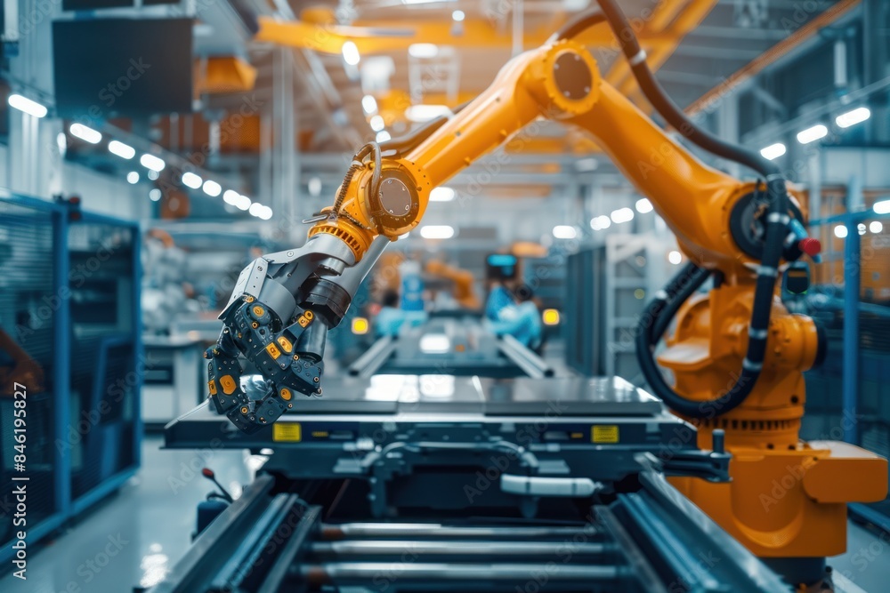 Poster industrial robot works automatically in smart autonomous factory.