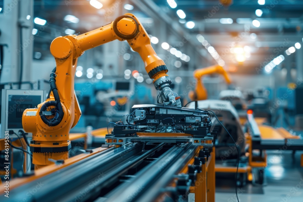 Poster industrial robot works automatically in smart autonomous factory.