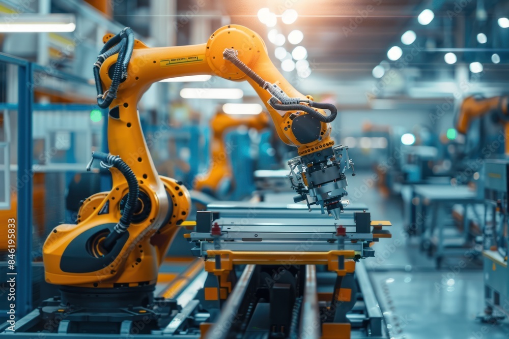 Poster industrial robot works automatically in smart autonomous factory.