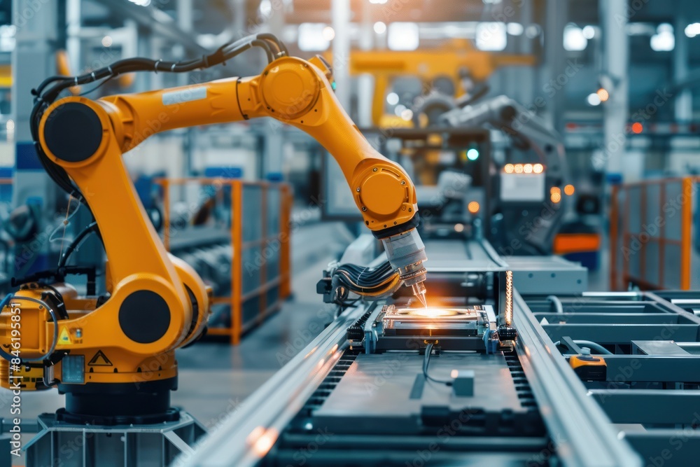 Poster industrial robot works automatically in smart autonomous factory.