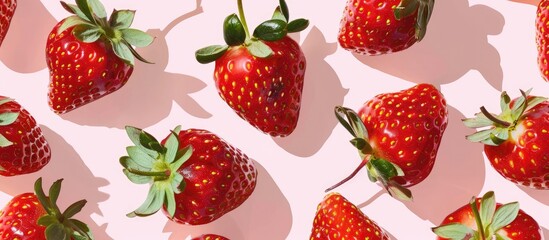 Updated version: Contemporary retro design featuring vibrant red strawberries on a soft pink backdrop.