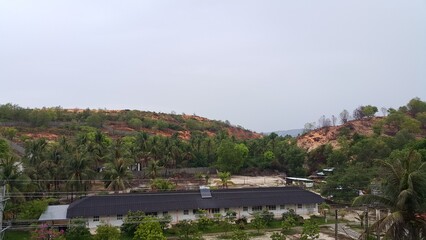 Overlooking a Forested Hillside in a Rural Area With a Row of Buildings