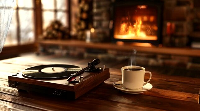 Vinyl record player with coffee and fireplace on wooden table. 