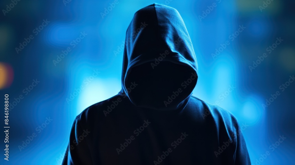 Poster silhouette of a hacker in a hoodie looking towards data