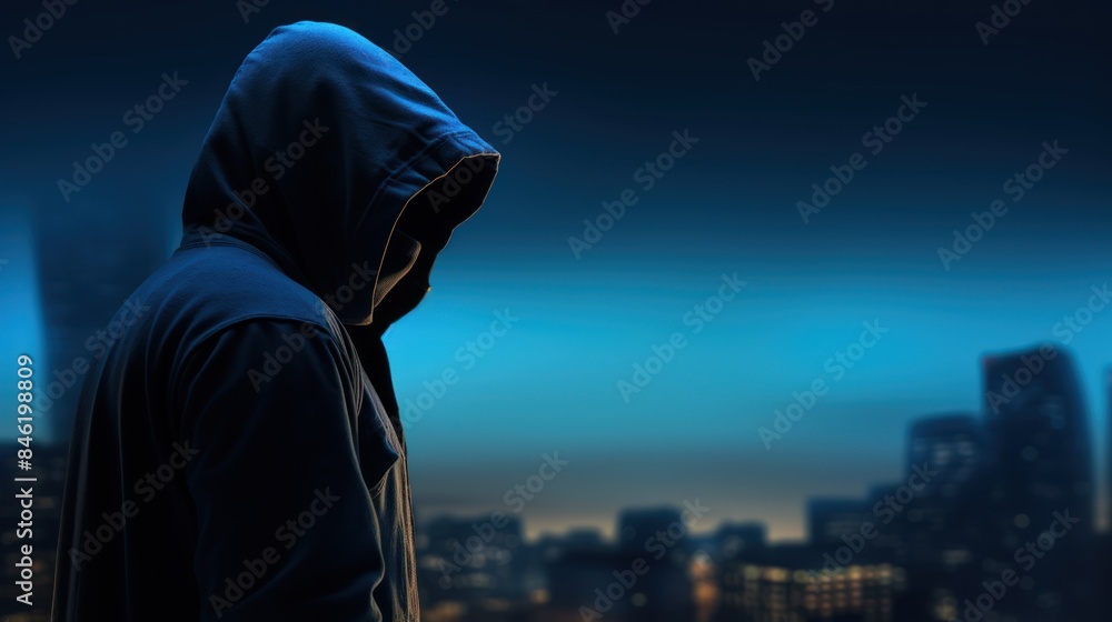 Poster silhouette of a hacker in a hoodie looking towards data