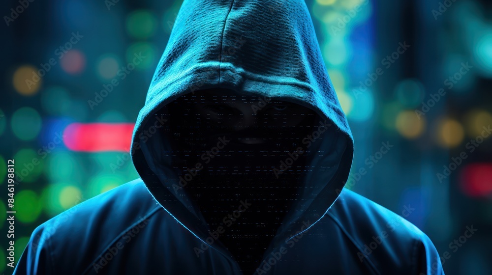 Poster silhouette of a hacker in a hoodie looking towards data