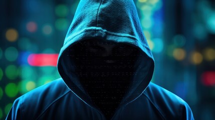 silhouette of a hacker in a hoodie looking towards data 