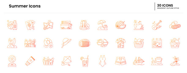 Summer Icon set. Summer, Icon, Beach, Sand, Sun, Waves, Umbrella, Palm trees, Sunglasses, Beach hat, Guitar, Ice cream, Water, Surfer, Surfboard. Vector gradient outline icon illustration