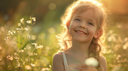 girl in a white dress and hat with smile. A walk in the blooming garden
