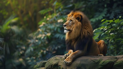 Majestic Lion Sitting on Rock Surrounded by Green Trees