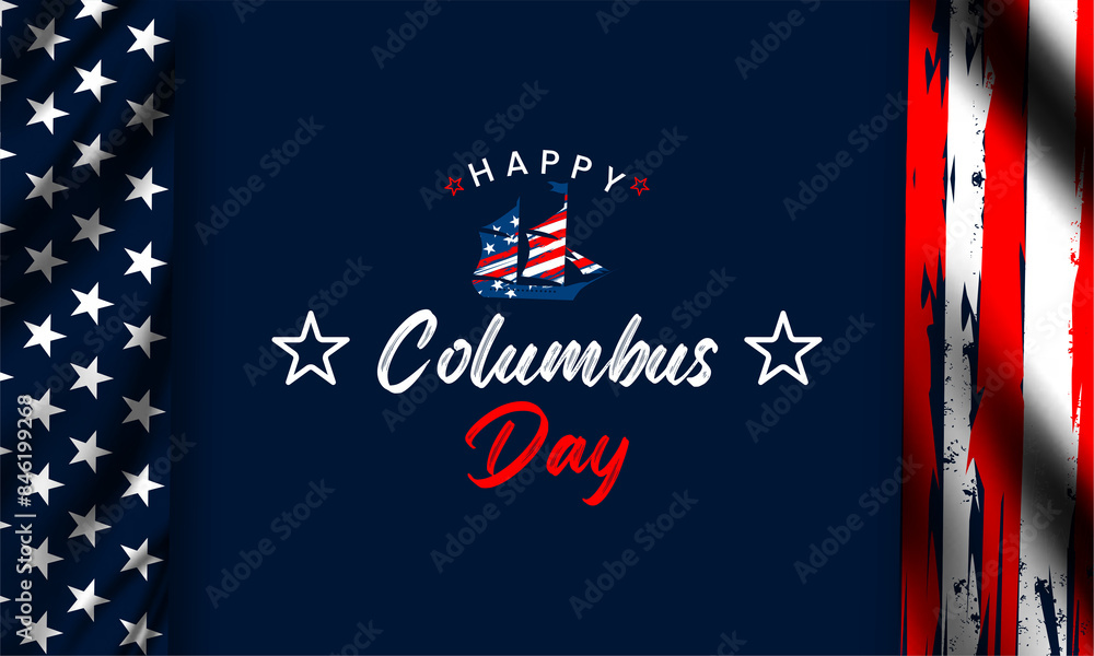 Sticker happy columbus day , columbus day celebration with the us flag, ocean waves and columbus ship - holi