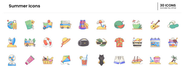 Summer Icon set. Summer, Icon, Beach, Sand, Sun, Waves, Umbrella, Palm trees, Sunglasses, Beach hat, Guitar, Ice cream, Water, Surfer, Surfboard. Vector outline fill icon illustration