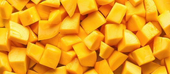 Close-up top view of a cubed mango background