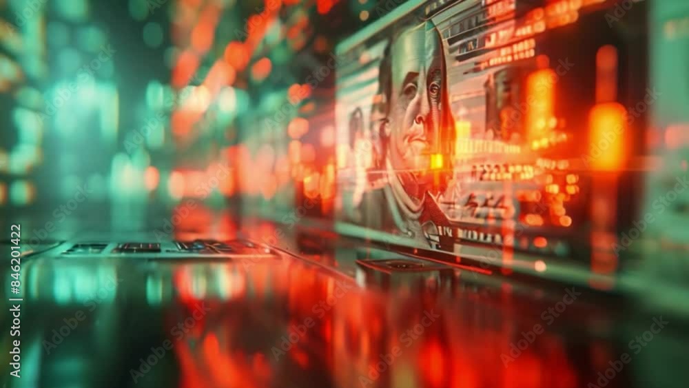 Poster a close-up shot of a hundred dollar bill reflected in a screen displaying financial charts and data.