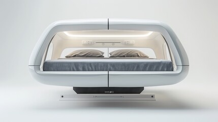 Futuristic pod bed with sleek design, featuring ambient lighting and premium bedding, perfect for modern homes and innovative sleep solutions.