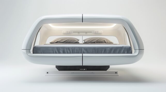 Futuristic pod bed with sleek design, featuring ambient lighting and premium bedding, perfect for modern homes and innovative sleep solutions.