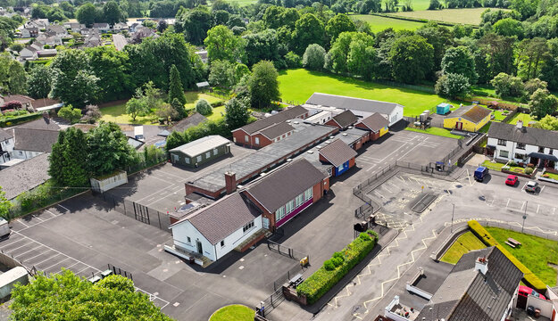 Aerial view of Broughshane Primary School Knockan Rd Riverside walk Broughshane Ballymena Co Antrim Northern Ireland
