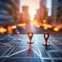  A digital map displaying a location with two pins set, representing AI technology in GPS, in