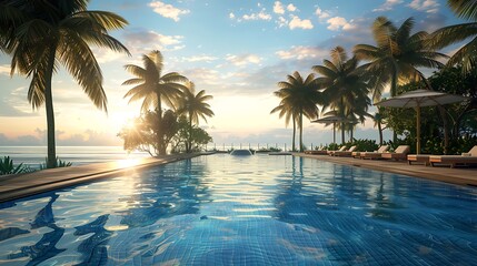 Fototapeta premium Swimming pool with palm trees in resort at morning