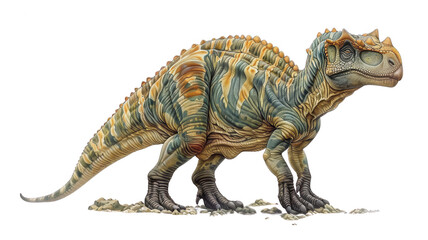 Obraz premium Dinosaur with Distinctive Frill in Rocky Landscape with Mountains, Brown and Tan with Stripes, Long Tail, Sharp Teeth, Powerful Pose, Ready to Attack