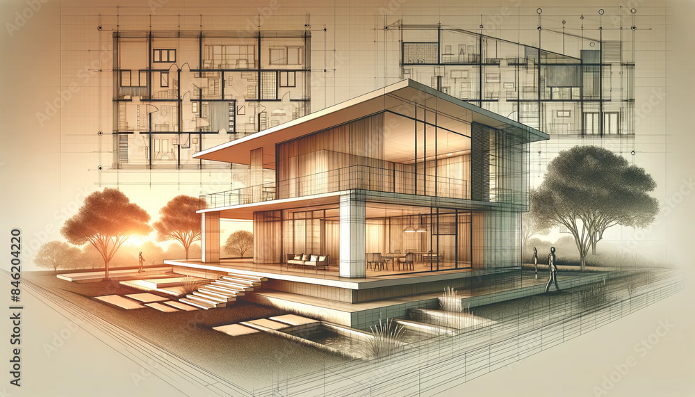 Poster modern architectural design with wireframe elements