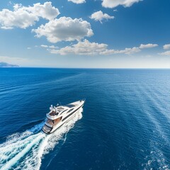 Obraz premium Vacation and leisure. Aerial view on fast boat on blue Mediterranean sea at sunny day.