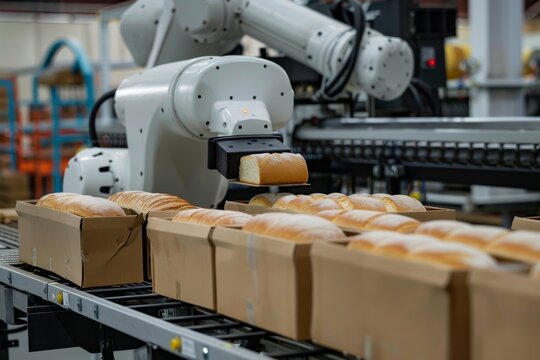 A robotic system packing loaves of bread into boxes in an industrial setting