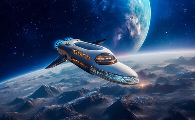 星を探査している宇宙船。有人宇宙旅行。