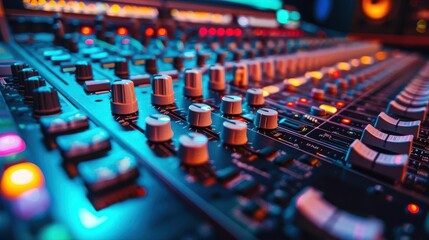 Fototapeta premium Colorful Sound Mixing Console with Illuminated Controls in Recording Studio