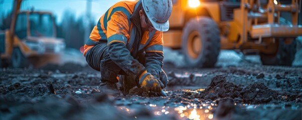 Engineer Kneeling in Mud at Dusk on Construction Site