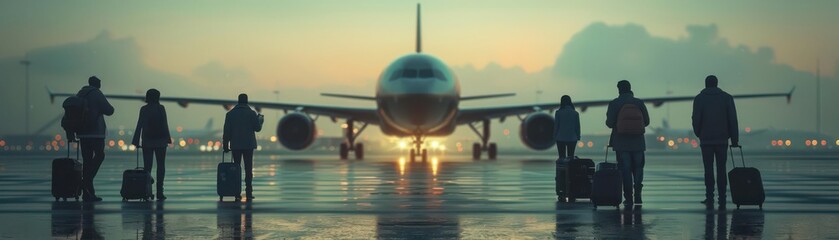 Travelers with Luggage Facing Airplane at Sunrise: Anticipation and New Beginnings