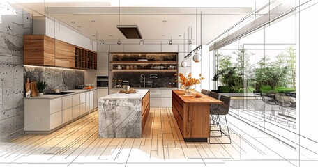 Stylish kitchen interior with modern furniture. Combination of photo and sketch
