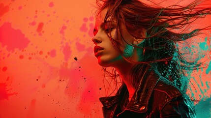 Vibrant Artistic Portrait of a Woman with Abstract Paint Splashes and Dynamic Lighting