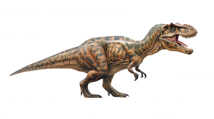 Obraz premium Realistic Digital Painting of a Menacing Tyrannosaurus Rex on a Rocky Cliff with Stormy Sky and Pine Forest Background, Featuring Detailed Brown and Green Scales, Powerful Tail, and Large Toothy Mouth