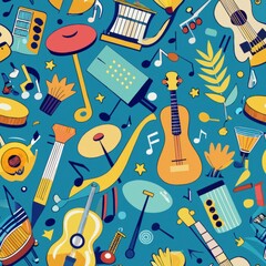 Seamless pattern of hand drawn scribble music notes with instruments and sound waves, Generative AI