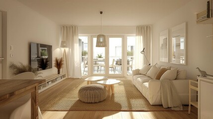 Scandinavian apartment interior with natural wood and white accents