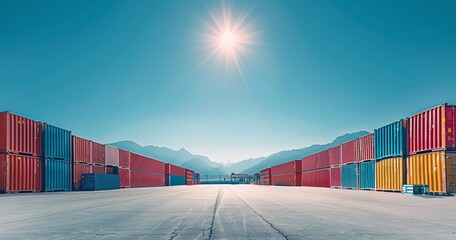 Container yard with a clear blue sky and ample ground space, focusing on global business logistics for freight carriers and cargo transportation

