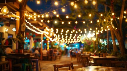 The warm glow of string lights illuminates the outdoor dining area as salsa enthusiasts indulge in a mix of Mexican and Caribbean flavors under the starry sky.