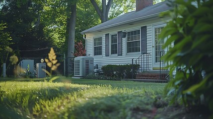 A house with a white exterior, multiple windows, a front door, a chimney, and a white garage with a garage door. The house is surrounded by green grass and there are trees in the background.