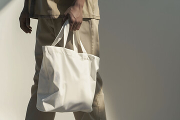 Mockup of a man holding a white tote bag for fashion or promotional designs.