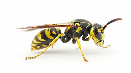 Detailed Close-Up Shot of a Yellow Wasp with Unique Black Patterns on a White Background